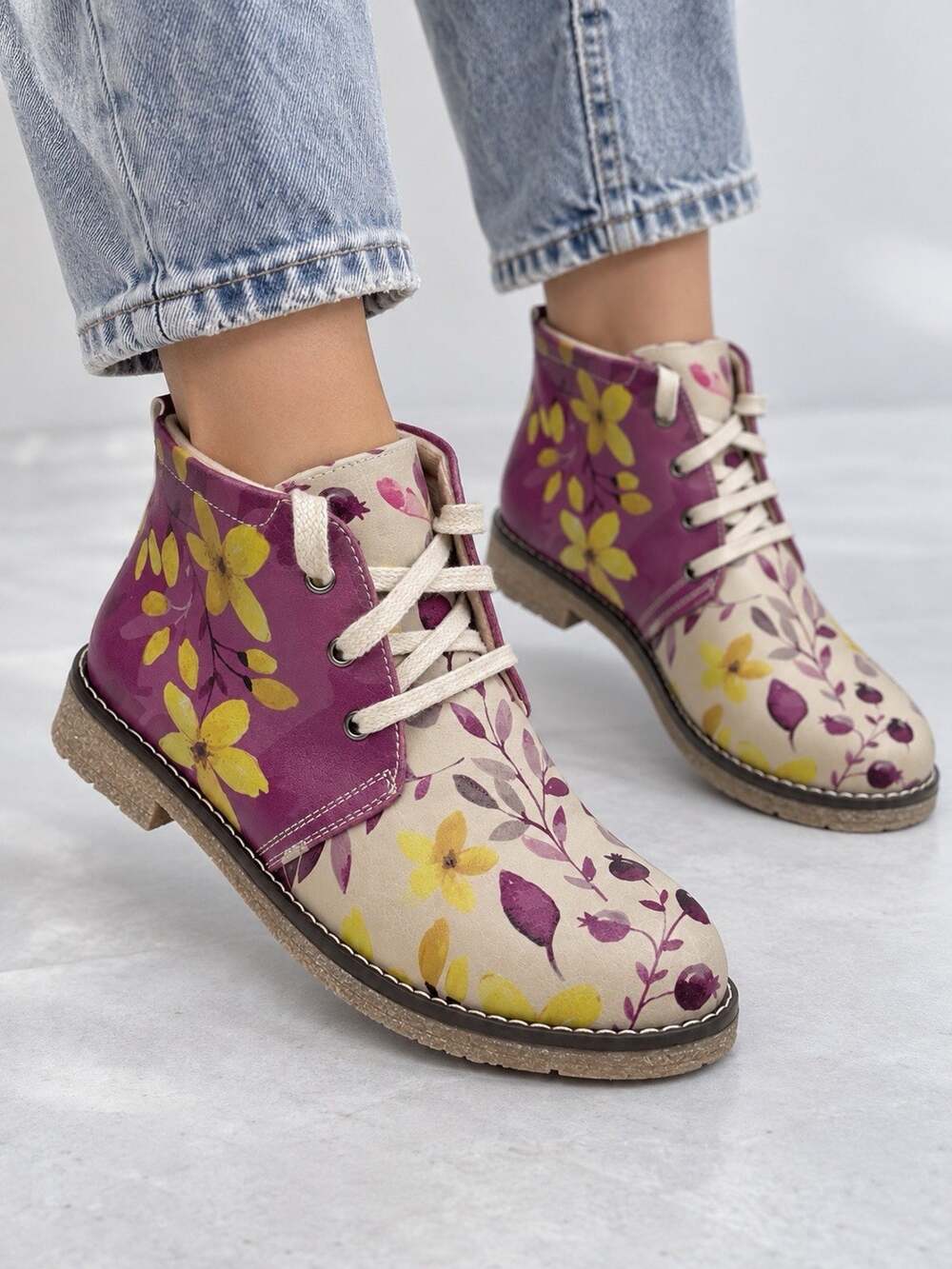 GOBY Womens Artistic Floral Print Lace Up Ankle Boots Boho Burgundy Est Sz 6-6.5